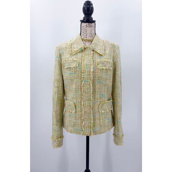 Classiques Entier Jackets & Blazers - B1 Tweed‎ Fringe Blazer Womens 10 Classiques Entier Green Yellow Parisian Preppy